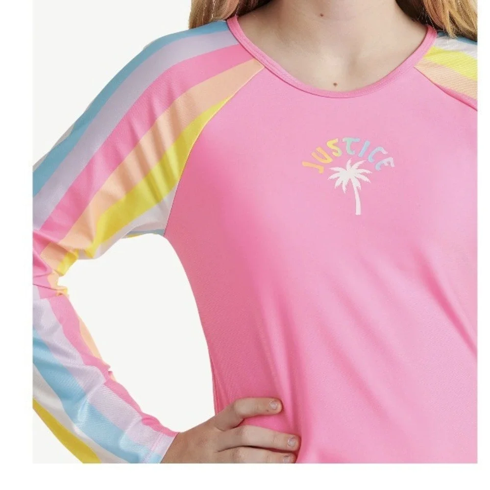 Justice Long Sleeve Rashguard with Bikini Bottom Swimsuit Medium 10 New Pink